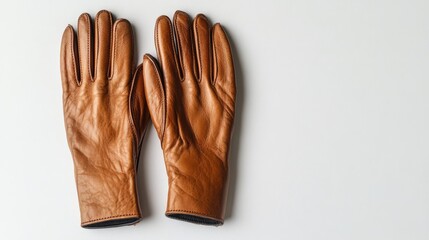 A pair of premium leather gloves laid flat on a clean white backdrop with negative space