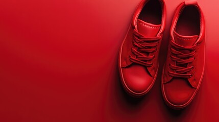 A pair of red sneakers set on a deep red background, creating a bold monochromatic look.