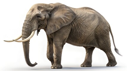 Obraz premium A majestic African elephant is depicted walking slowly against a clean white background