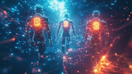 robust cybernetic beings with luminous auras, surrounded by intricate neural networks Vibrant, high-tech, concept art potential, high-resolution, vivid palette