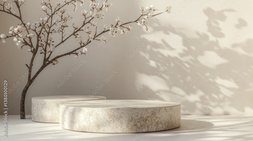 Poster soft shadows dance on the beige backdrop as two round stone podiums stand gracefully beside a blosso