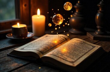 An open magic book lies on the table next to mystical stones and candles. Twinkling stars fly over the book. The concept of fortune-telling and prediction.
