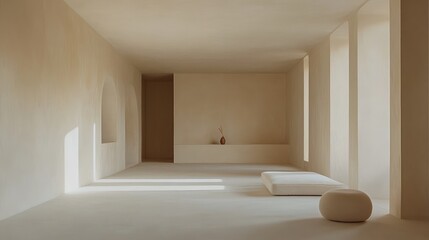 Fototapeta premium A peaceful, unfurnished room with soft white walls and a seamless ceiling, exuding a minimalist feel.