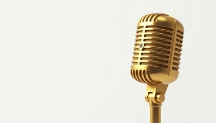 Fototapeta premium Close-up shot of a single gold microphone isolated on white , equipment, rap music, isolated