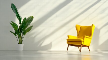 Yellow armchair with wooden legs and a green plant in a white pot against a white brick wall, sunlight streams in.
