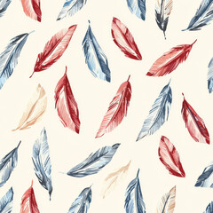 Hand drawn boho feather pattern with red, blue, and beige tones on light background, Textile Seamless Pattern Background