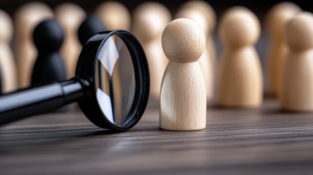 Wooden figurines and magnifying glass on dark wood background. Focus on single light colored figure.