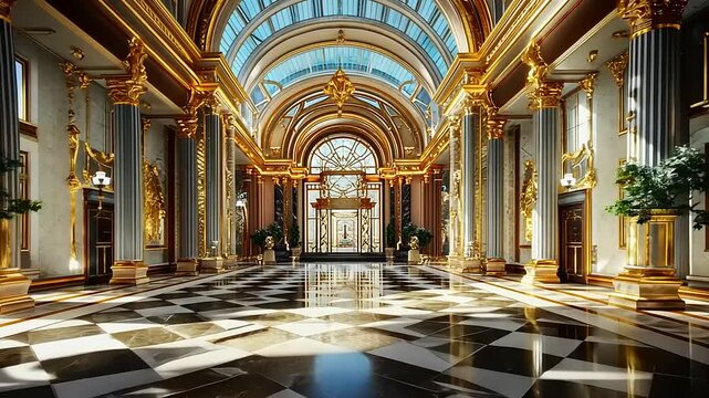 Grand opulent hall with intricate architecture, golden accents, and polished marble floor reflecting light