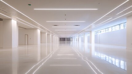 Obraz premium A pristine, empty space with a minimalist white interior and a ceiling featuring soft indirect lighting.