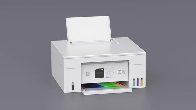 Printing a colorful image with a all-in-one inkjet color printer on a grey background