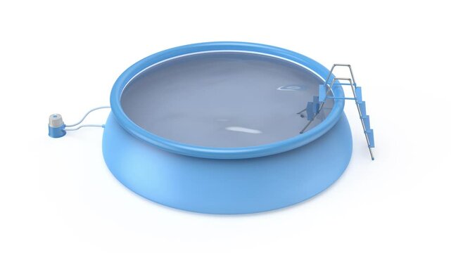 Inflatable swimming pool with attached ladder and filter pump on white background