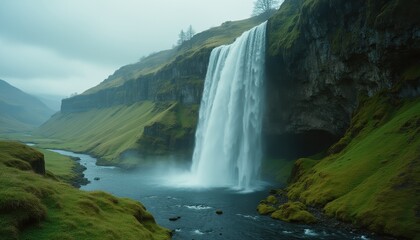 Majestic waterfall cascading from mossy cliffs into a tranquil river valley on a misty day