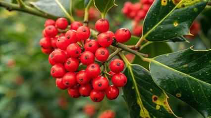 Fototapeta premium Bright Red Berries on Green Spotted Leaves