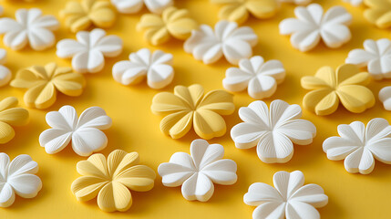 White and yellow four-petal flower shapes arranged randomly on a vibrant yellow surface creating a cheerful and summery feel.