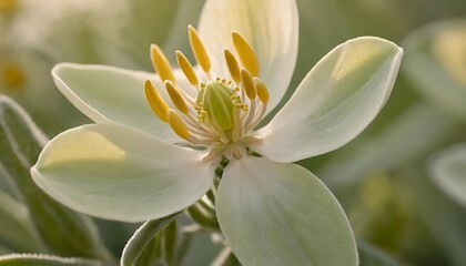 Close-up of Creamy White Flower with Golden Stamens and Soft Lighting