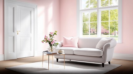Elegant living room with blush pink walls, a white sofa, and a coffee table. Natural light streams in from a large window.