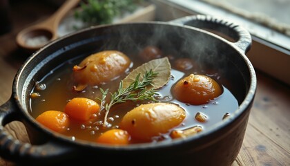Steaming Stew in a Cast Iron Pot with Potatoes, Herbs, and Broth - A Rustic and Comforting Culinary Scene