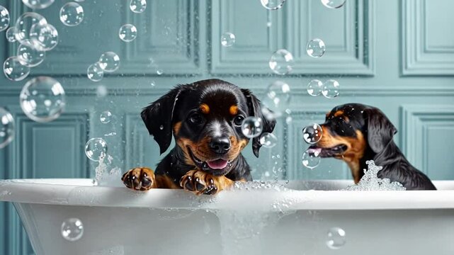 A happy puppy enjoys bath time surrounded by floating bubbles, appearing content in a white tub.