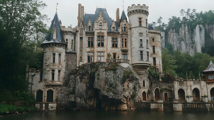 Obraz premium Majestic castle on cliff, misty forest backdrop