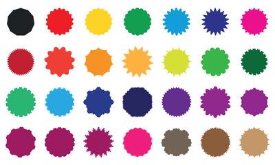 Colorful starburst sticker shapes set, vector badge set.