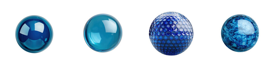 Arrangement of various blue glass spheres crystal orbs and textured ornaments in a display