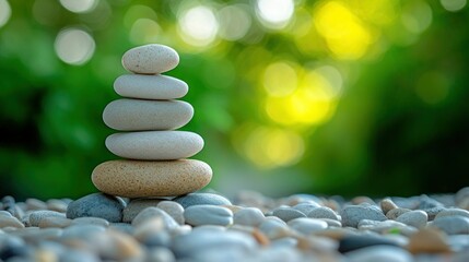 Obraz premium balanced pebbles stacked in serene harmony creating a zen-like composition against a blurred green backdrop evoking tranquility
