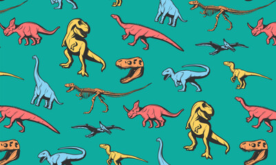 Vector childish seamless pattern with cartoon dinosaurs. Ideal for baby clothes, textiles, wallpaper, wrapping paper. Fun and lively dinosaur character repeat design.