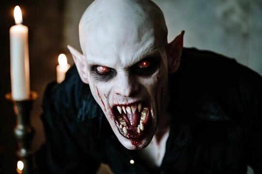 Male vampire showing his fangs, sharp teeth, and tongue out, in horror style, with dark castle background with candels