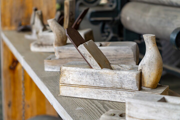 hand plane for wood. old tool for shaping wood. carpentry tool.