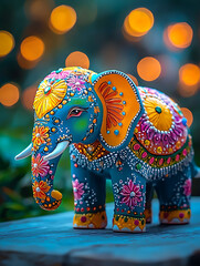 Ornate colorful elephant figurine stands on a surface with blurred bokeh lights in the background evoking a festive atmosphere.