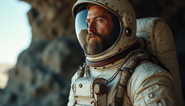 Focused bearded astronaut in weathered spacesuit contemplates a barren landscape, embodying exploration and survival - Powered by Adobe