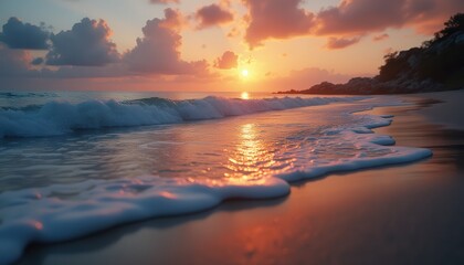 Naklejka premium Golden Hour Waves Washing Ashore on a Serene Tropical Coastline, Enhanced by Dramatic Clouds and the Reflective Glow of Sunset
