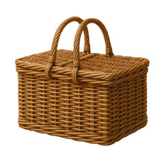 PNG cut out isolated background. A classic woven wicker picnic basket with dual handles and a closed lid. 