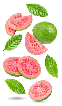 flying sliced guava isolated on white background. clipping path