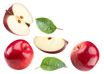 red apples with green leaf and half isolated on white background. clipping path