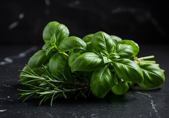 Fresh Basil and Rosemary Herbs on Black Marble, Culinary Ingredients, Green Leaves, Cooking Herbs.