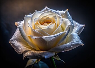 Close-up of a dew-kissed white rose, blooming beautifully in the dark.