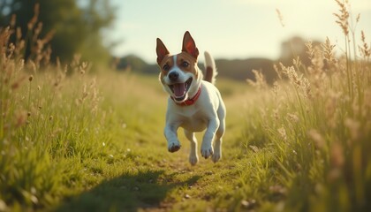 Happy Jack Russell Terrier Running Through a Grassy Field on a Sunny Day, with Open Mouth and Red Collar
