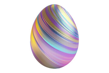 Obraz premium Decorative Easter egg with shimmering pastel stripes in gold, blue, and purple isolated on white transparent background. Symbol of Easter and celebration