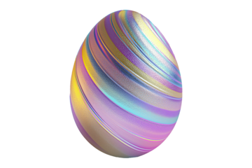 Decorative Easter egg with shimmering pastel stripes in gold, blue, and purple isolated on white transparent background. Symbol of Easter and celebration