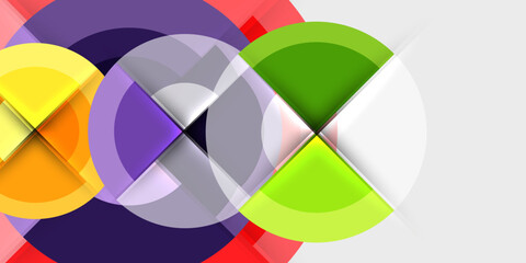 Obraz premium Abstract composition. Overlapping circles, squares, vibrant colors. Modern design, dynamic shapes, clean lines. Smooth gradients, bright palette. Minimalist aesthetic.