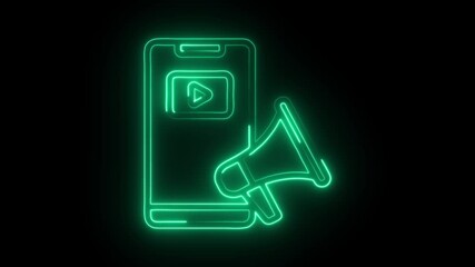 Glowing neon video marketing icon isolated on black background. HD Video motion graphic animation