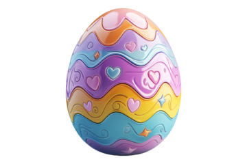 Vibrant Easter egg with embossed patterns of waves, stars, and hearts in pastel colors isolated on white transparent background. Festive holiday decoration concept