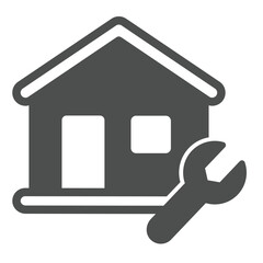 House and wrench solid icon, repair service concept. Vector graphics. Cottage building with repair tool sign on white background, glyph style icon for mobile or web design.