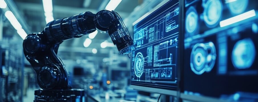 an industrial robot arm interacting with a computer screen in a modern factory setting - Powered by Adobe