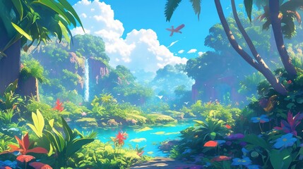 Fototapeta premium Tropical paradise waterfall landscape, vibrant flora, sunny skies, game background