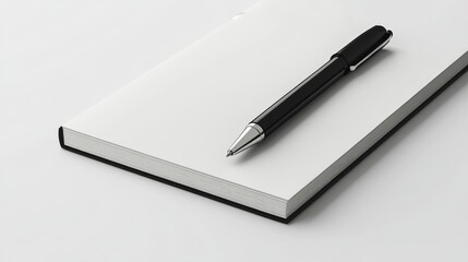 A sharp 3D close-up of a notebook with a pen resting on its pages, placed on a clean white background with negative space