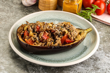 Baked eggplant stuffed meat and tomato