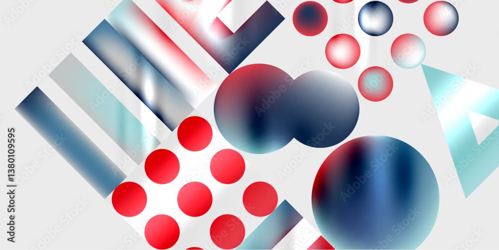 Poster abstract composition. red, blue spheres, rectangles overlap. gradient colors create depth. minimalis