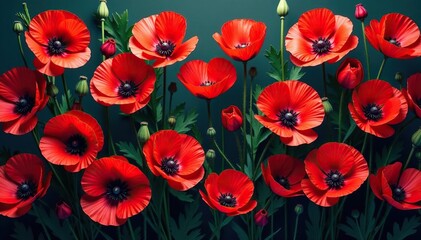 Bold crimson poppies in a dense, repeating geometric design , textile, repeat, red